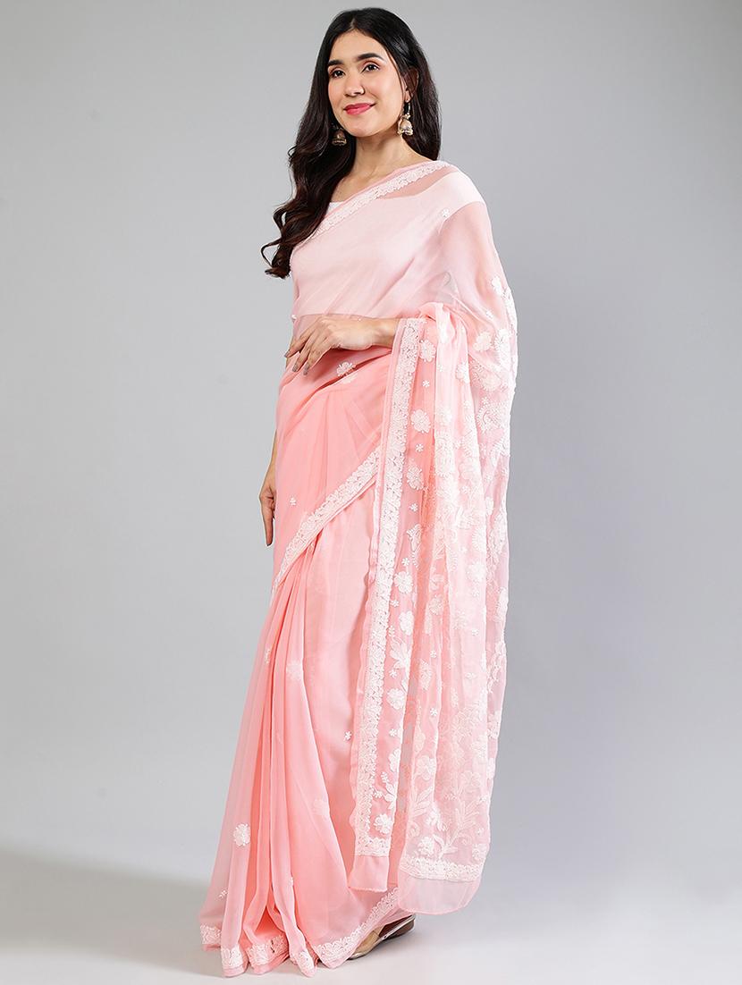 women peach chikankari work saree with blouse - 21840113 - Standard Image - 2