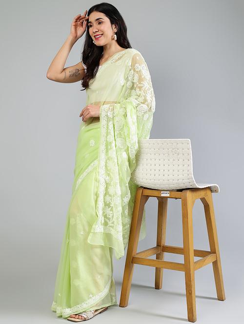 women neo mint chikankari work saree with blouse - 21840114 - Standard Image - 0
