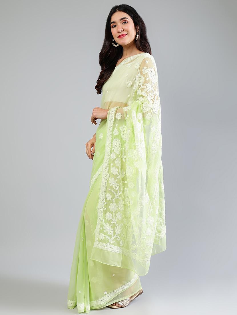 women neo mint chikankari work saree with blouse - 21840114 - Standard Image - 2