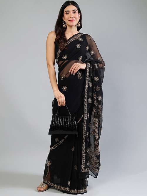 women black chikankari work saree with blouse - 21840115 - Standard Image - 0
