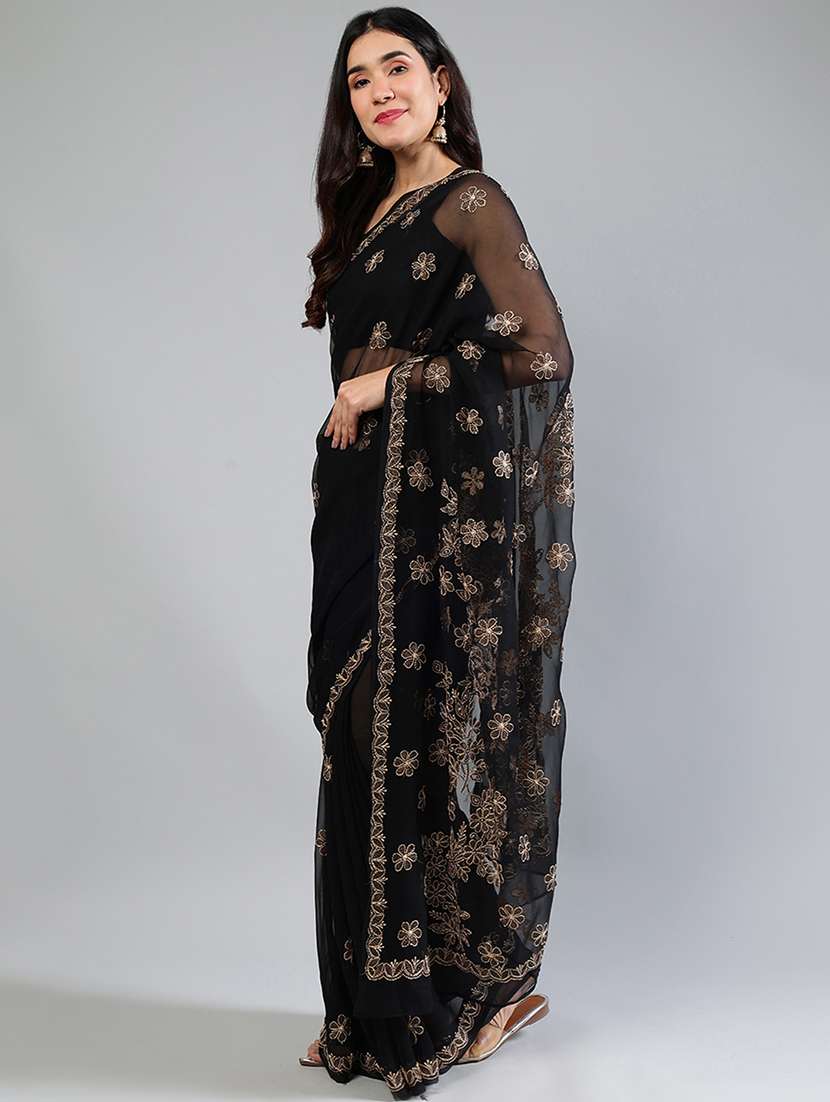 women black chikankari work saree with blouse - 21840115 - Standard Image - 2