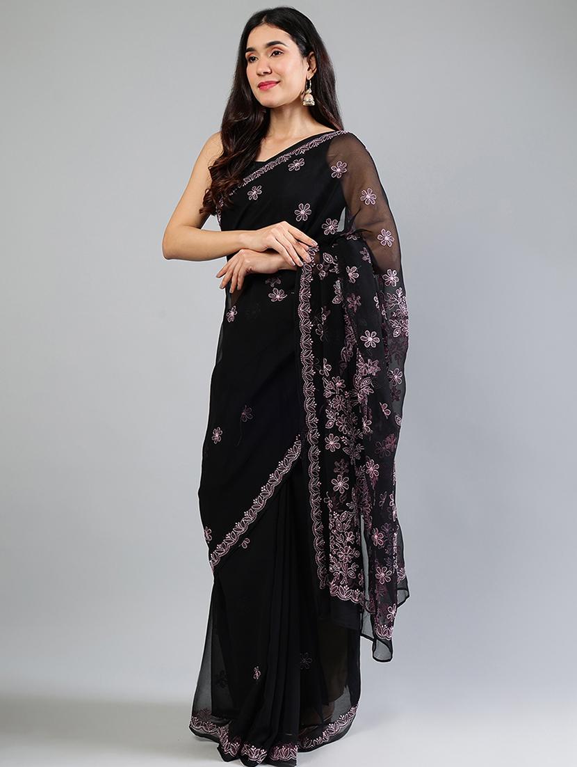 women black chikankari work saree with blouse - 21840116 - Standard Image - 2