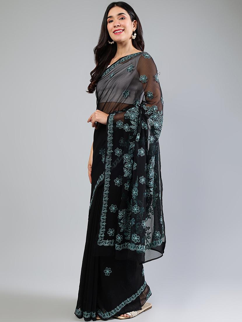 women black chikankari work saree with blouse - 21840117 - Standard Image - 2