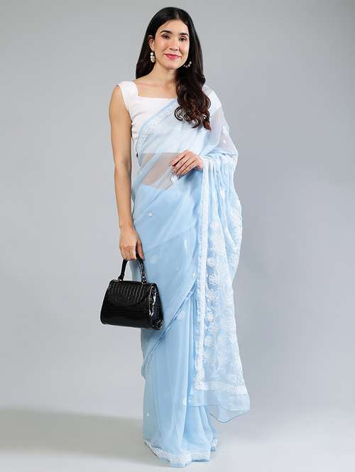 women light blue chikankari work saree with blouse - 21840121 - Standard Image - 0