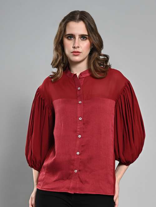 women mandarin neck puff sleeves shirt - 21840172 -  Standard Image - 0