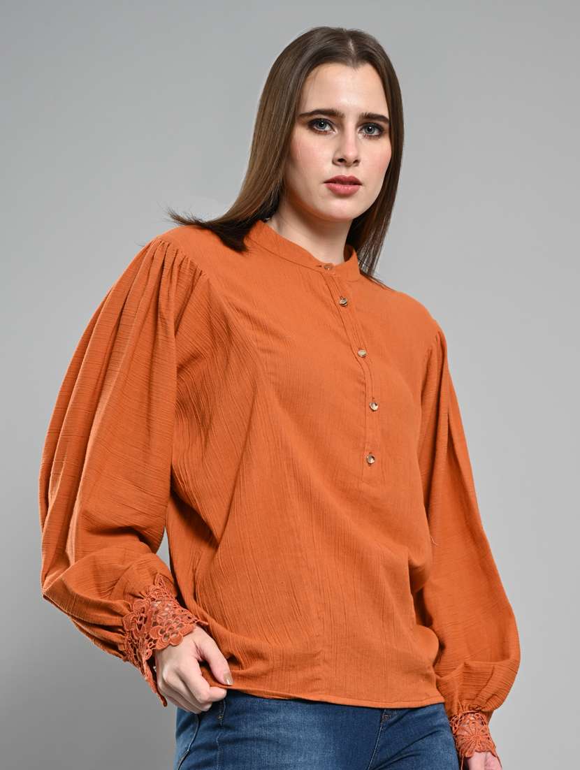 women solid puff sleeves regular top - 21840173 - Standard Image - 2