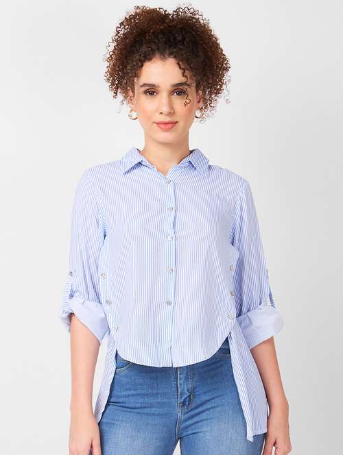 women striped roll-up sleeves high low shirt - 21840183 - Standard Image - 0