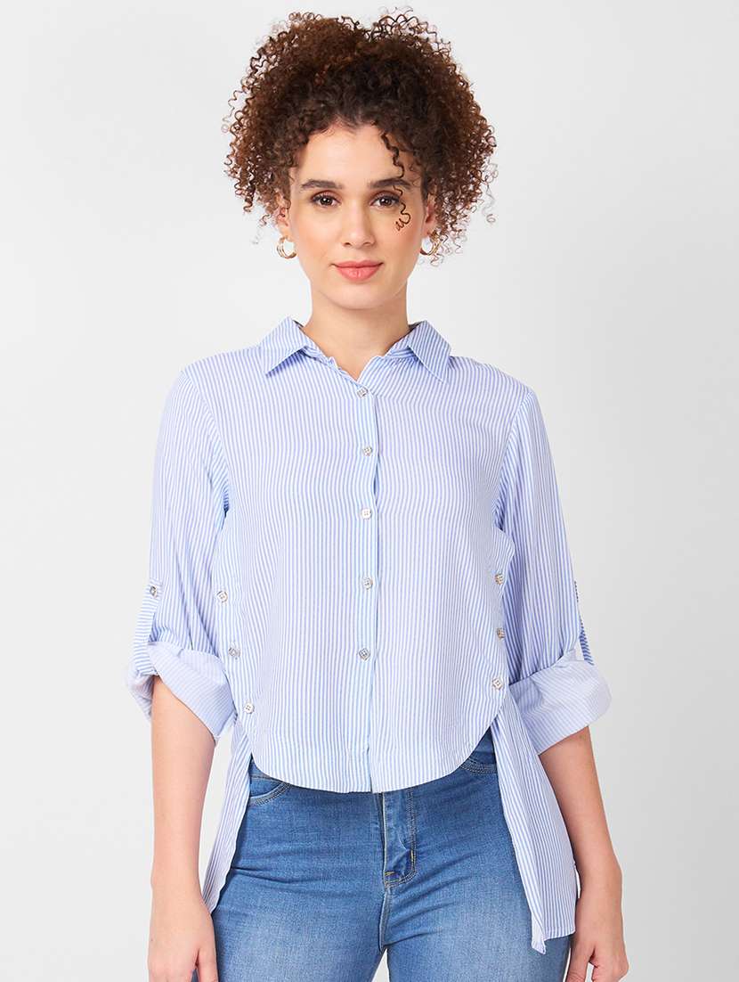 women striped roll-up sleeves high low shirt - 21840183 - Zoom Image - 0