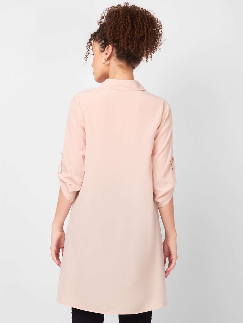 women solid roll-up sleeves high low top - 21840192 - Standard Image - 2