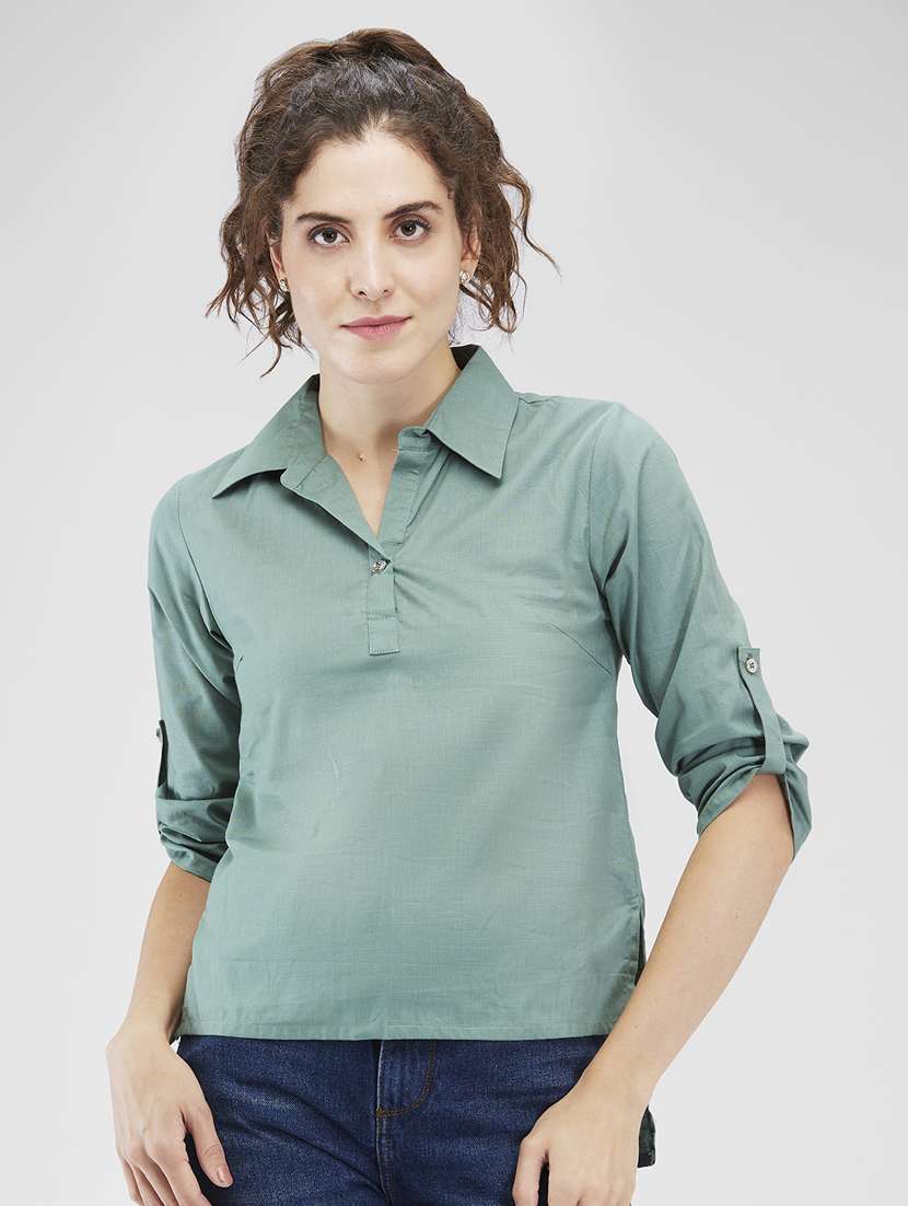 women solid roll-up sleeves high low top