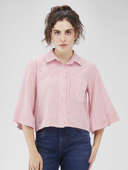 women striped collared crop shirt - 21840205 - Standard Image - 0