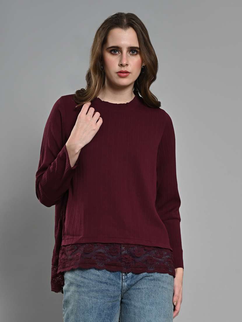 women laec detailed long sleeves high low top