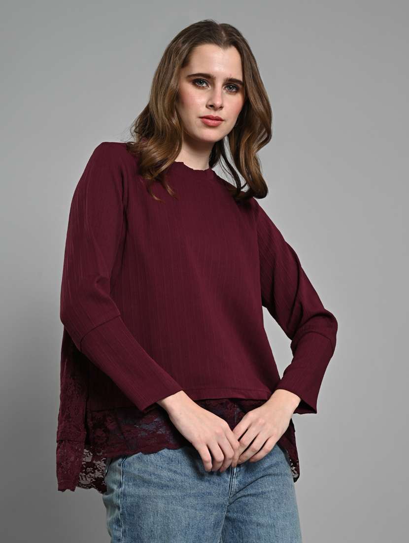 women laec detailed long sleeves high low top - 21840218 -  Standard Image - 2