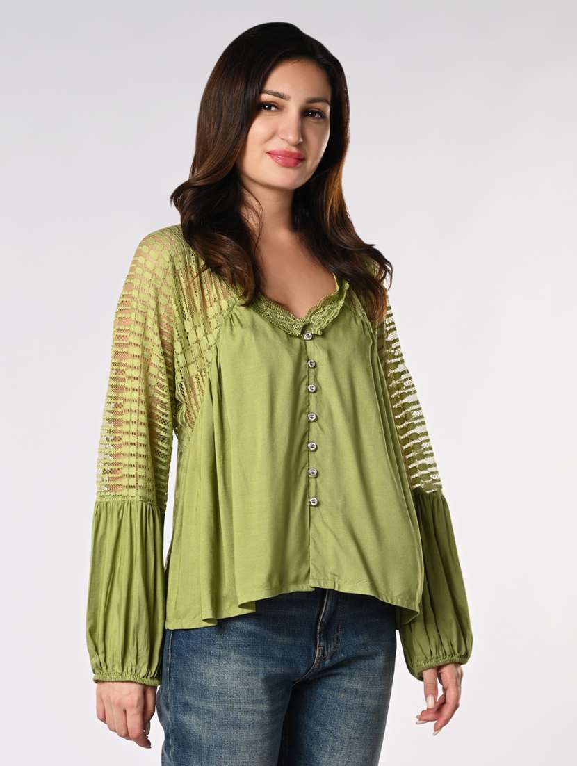 women lace detailed puff sleeves regular top - 21840220 -  Standard Image - 2
