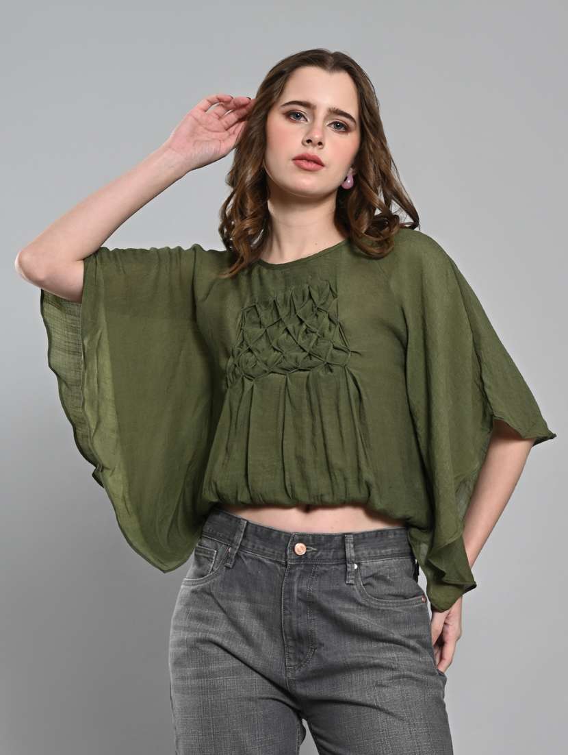 women solid flared sleeves blouson top 