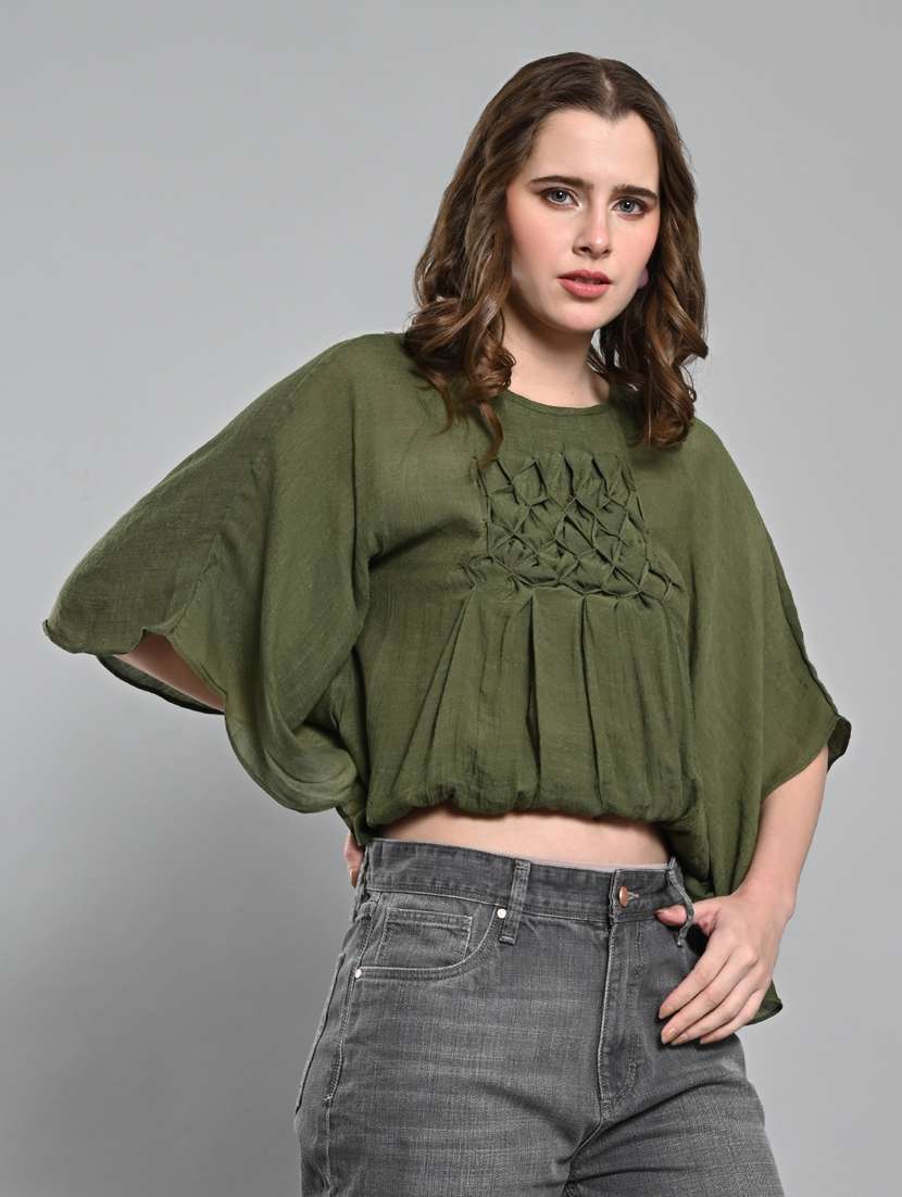 women solid flared sleeves blouson top  - 21840221 -  Standard Image - 2