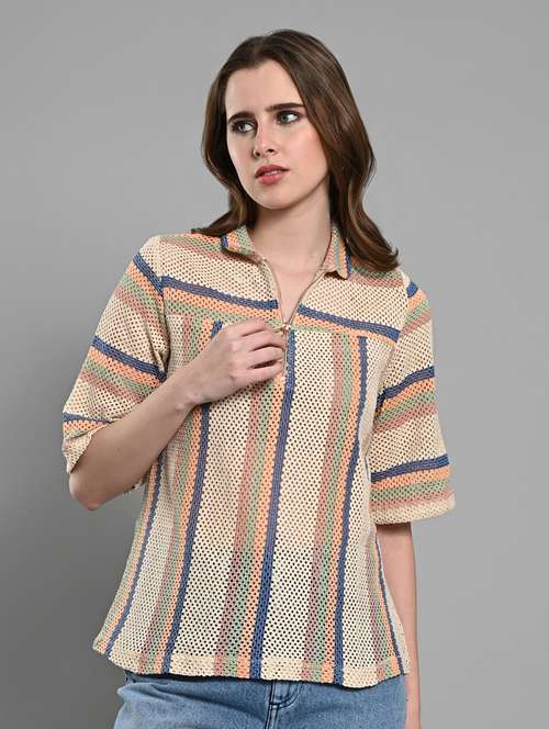 women striped collared short sleeves regular top - 21840223 - Standard Image - 0