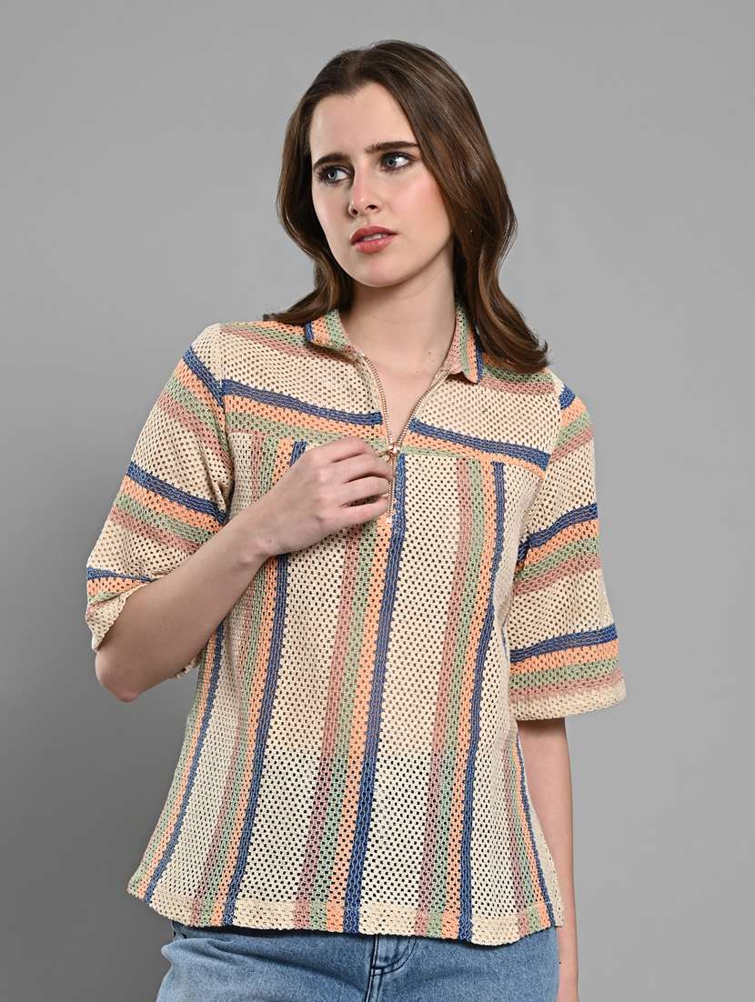 women striped collared short sleeves regular top - 21840223 - Zoom Image - 0