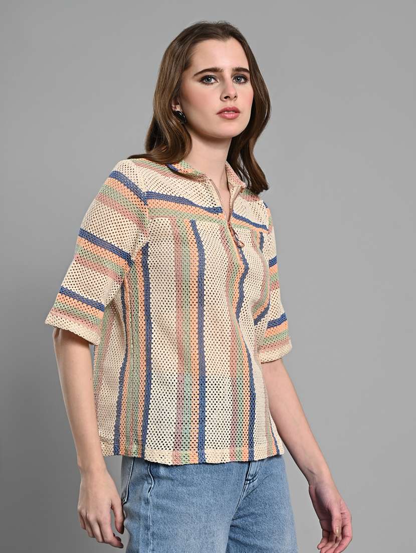 women striped collared short sleeves regular top - 21840223 - Standard Image - 2