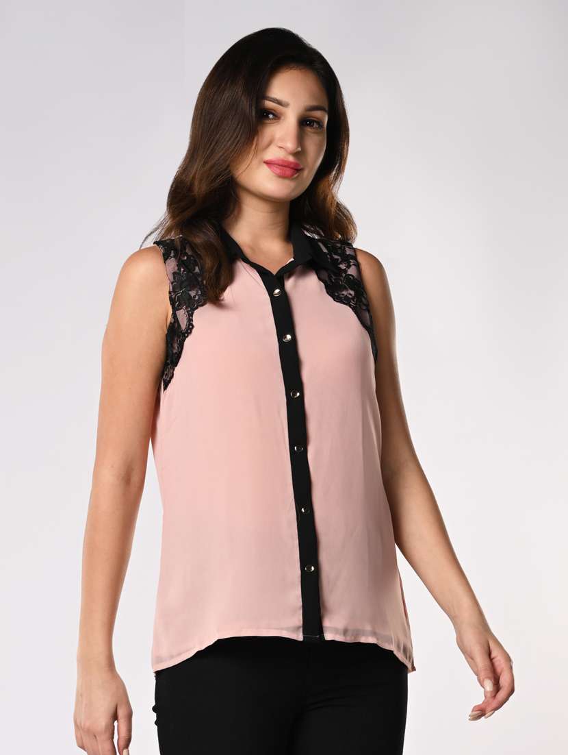 women sleeveless shirt style top with lace - 21840231 -  Standard Image - 2