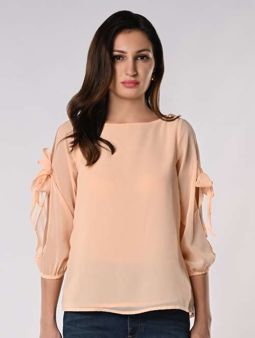 women solid slit sleeves regular top - 21840234 - Standard Image - 0