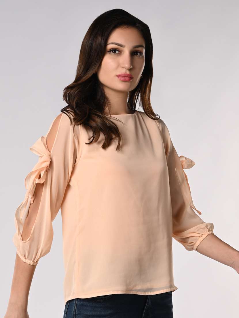 women solid slit sleeves regular top - 21840234 - Standard Image - 2