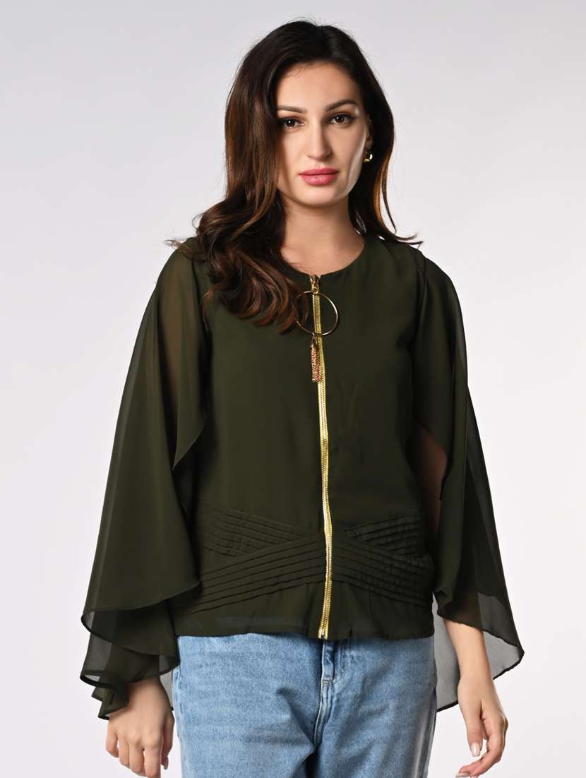 women solid cape sleeves front zipper top