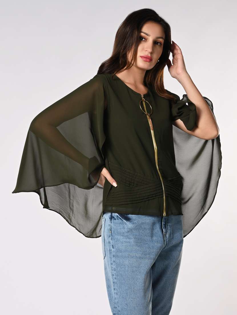 women solid cape sleeves front zipper top - 21840241 -  Standard Image - 2