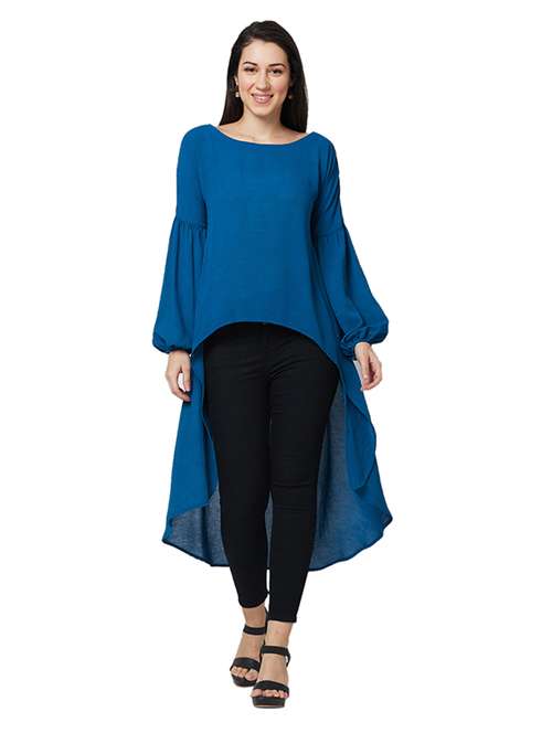 women solid long sleeves high-low top - 21840247 - Standard Image - 0