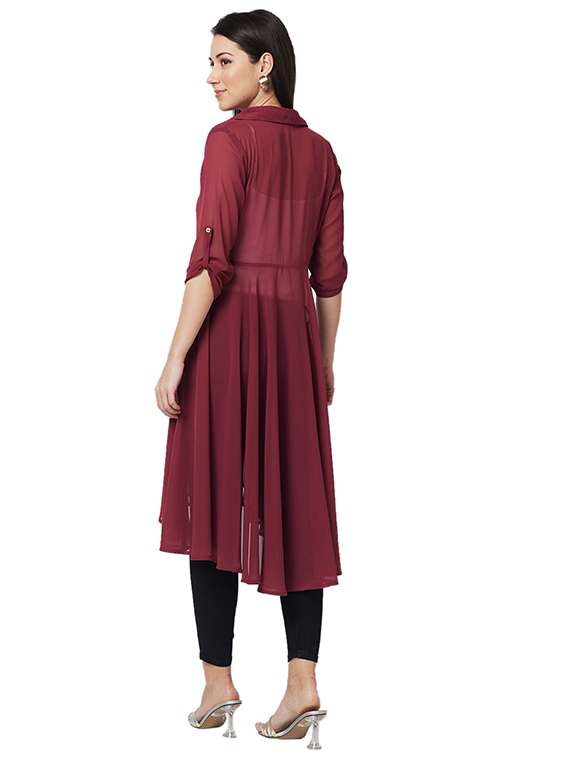 women solid collared roll up sleeves high-low top - 21840250 - Standard Image - 2