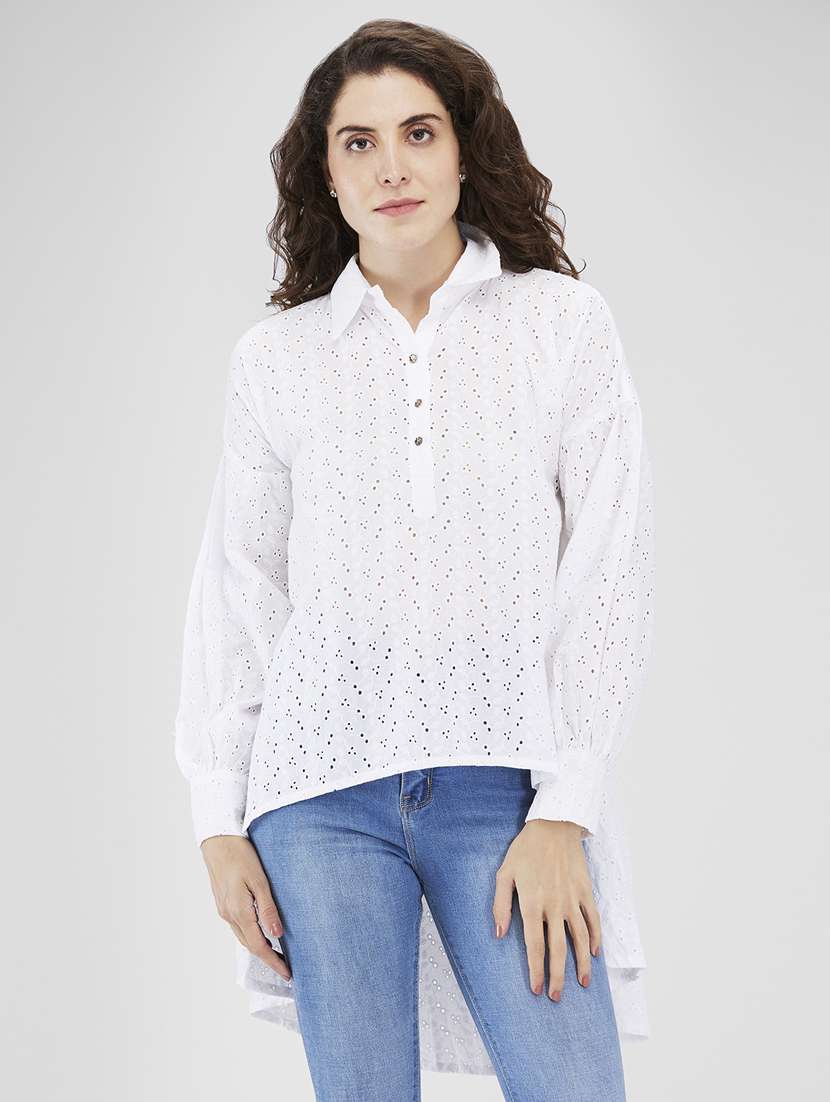 women long sleeves high-low schiffli top - 21840254 - Zoom Image - 0