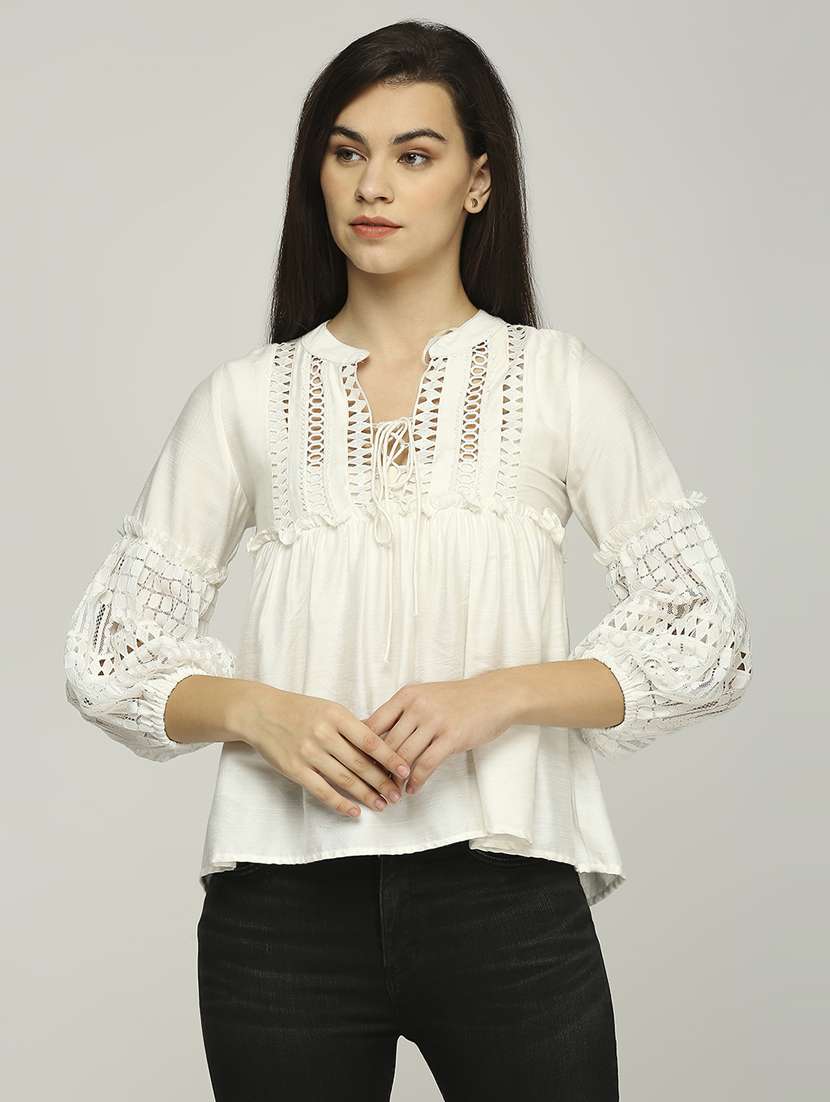 women lace detailed puff sleeves a-line top