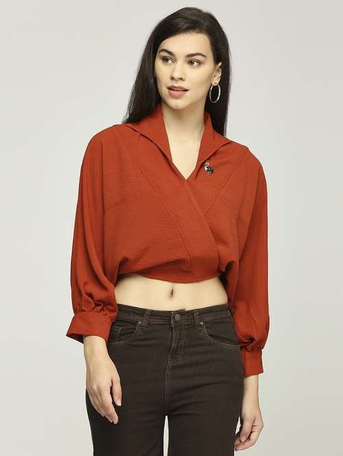 women solid puff sleeves collared crop top - 21840270 - Standard Image - 0