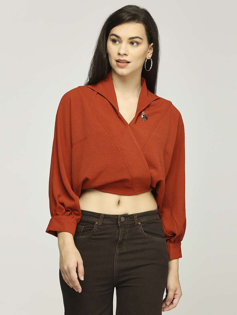women solid puff sleeves collared crop top - 21840270 - Zoom Image - 0