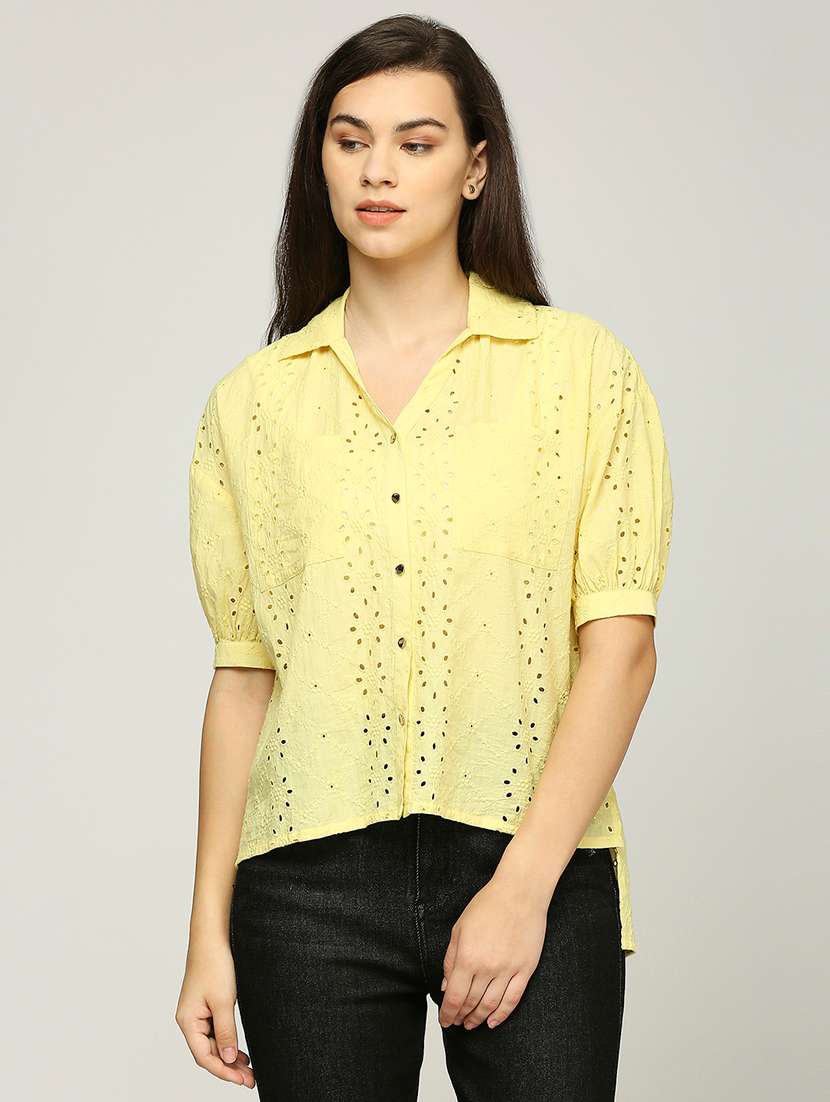 women puff sleeves collared schiffli high low top