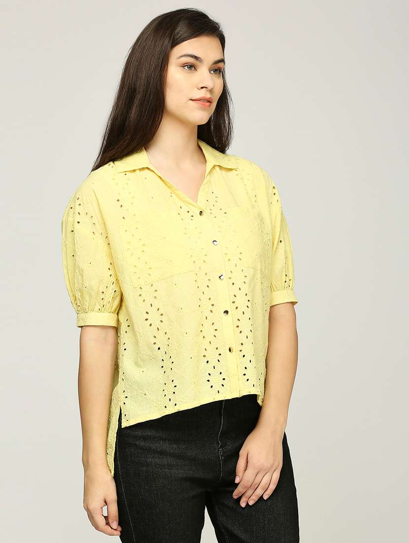 women puff sleeves collared schiffli high low top - 21840271 -  Standard Image - 2