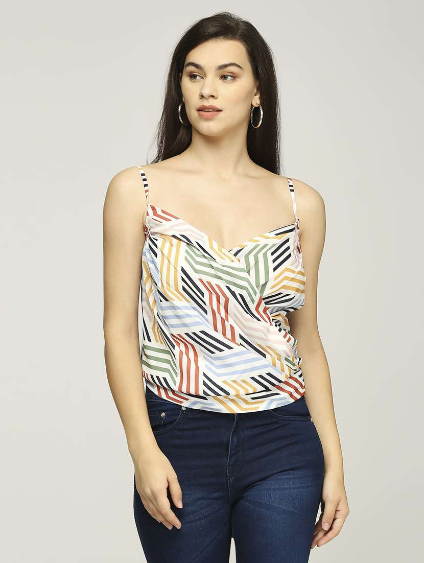 women printed shoulder strap tie back top