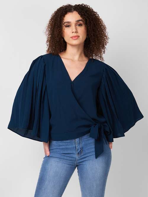 women overlap neck bell sleeves regular top - 21840286 - Standard Image - 0