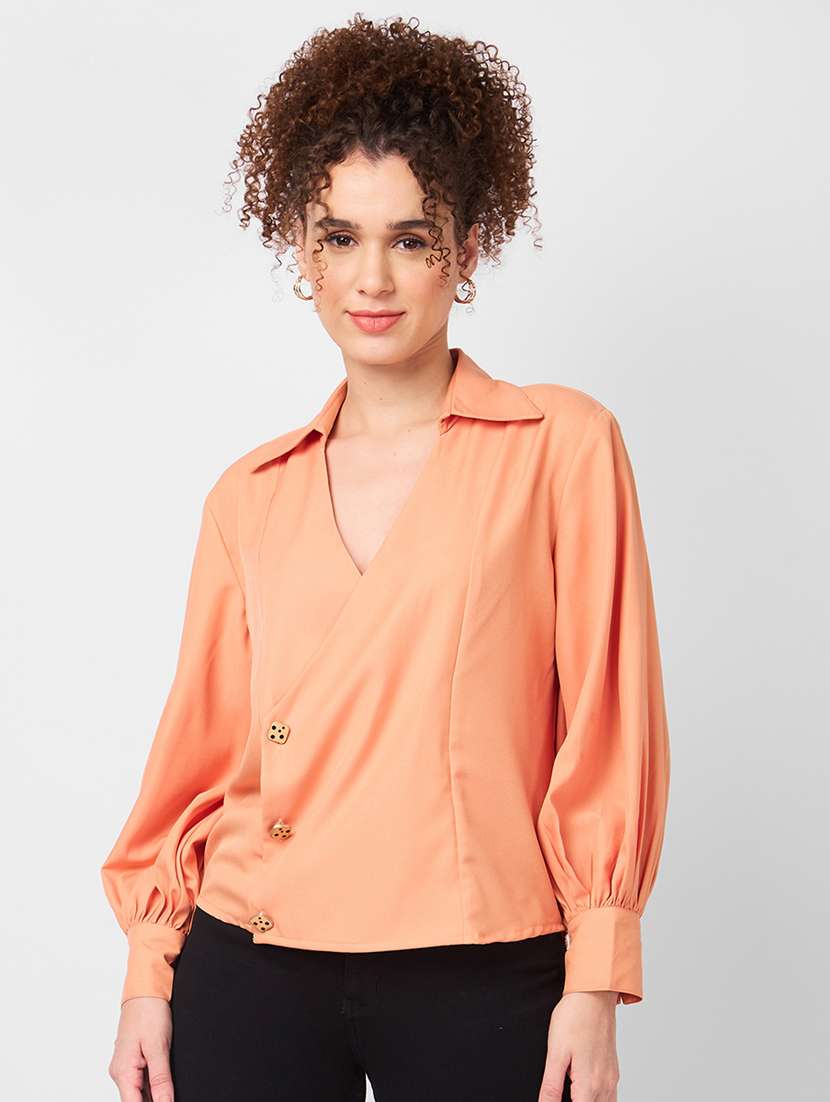 women solid puff sleeves regular top