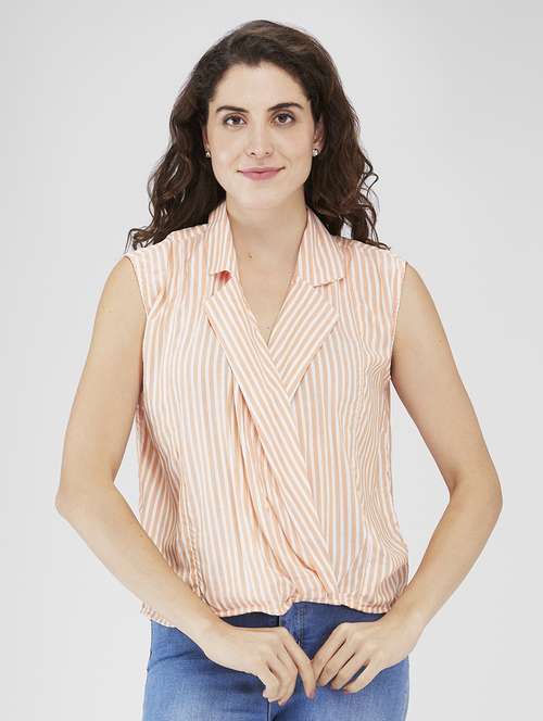 women striped lapel collared sleeveless top - 21840302 - Standard Image - 0