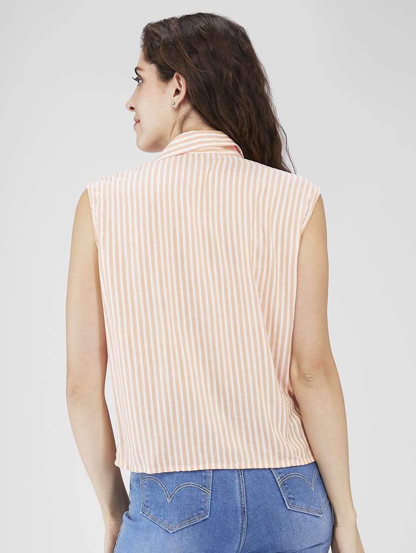 women striped lapel collared sleeveless top - 21840302 - Standard Image - 2