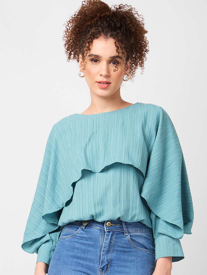 women solid long sleeves blouson top