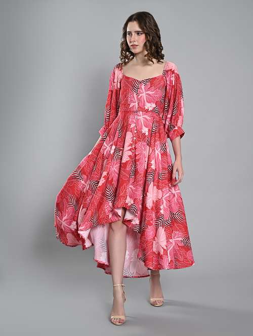women printed puff sleeves high low dress - 21840325 - Standard Image - 0