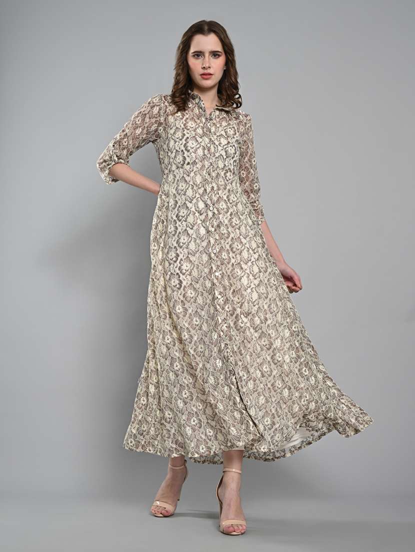 women printed roll up sleeves fit & flare dress - 21840327 -  Zoom Image - 0
