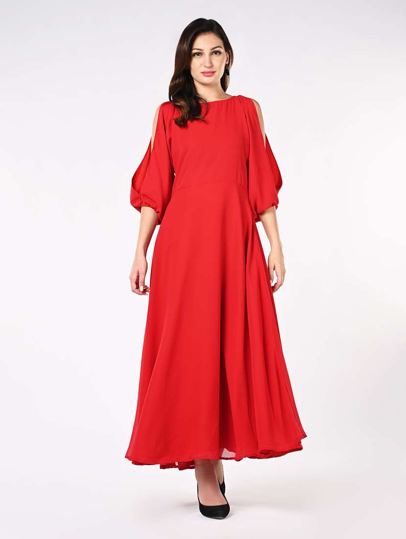women solid slit sleeves fit & flare dress - 21840340 - Zoom Image - 0