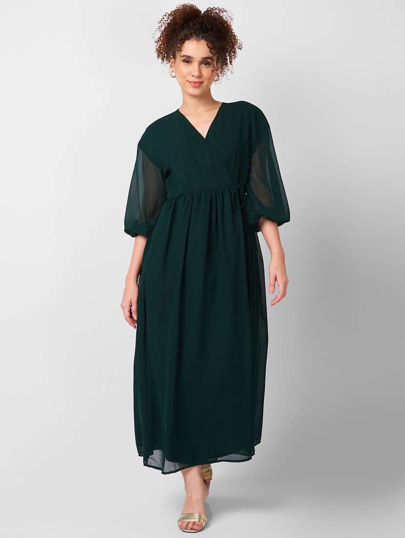 women solid overlap neck fit & flare dress - 21840401 -  Zoom Image - 0