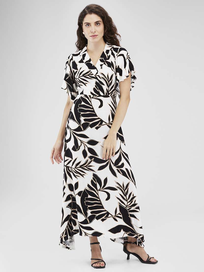 women printed flared sleeves asymmetric dress