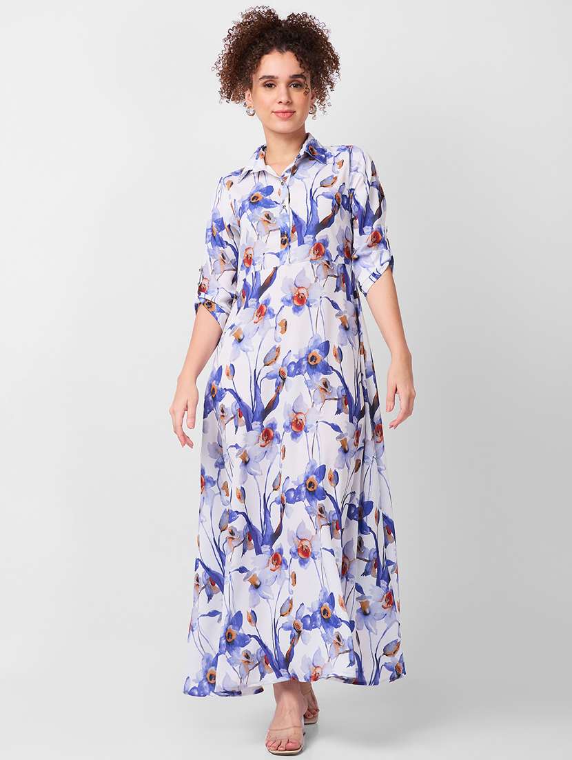 women floral print roll up sleeves fit & flare dress