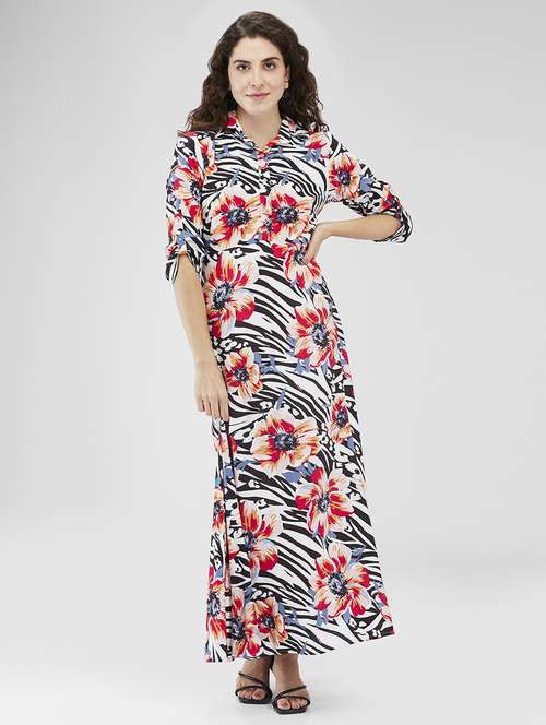 women floral print roll-up sleeves a-line dress - 21840417 -  Standard Image - 0