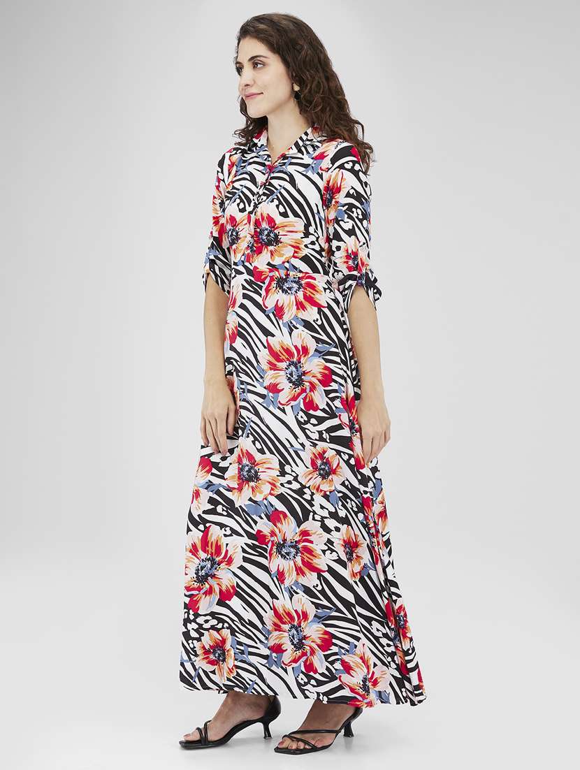 women floral print roll-up sleeves a-line dress - 21840417 - Standard Image - 2